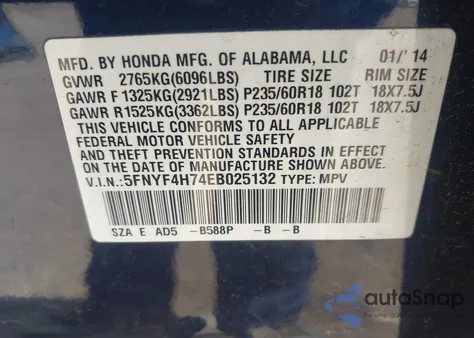 2014 Honda Pilot Ex-L из США, поврежденный, VIN 5FNYF4H74EB025132